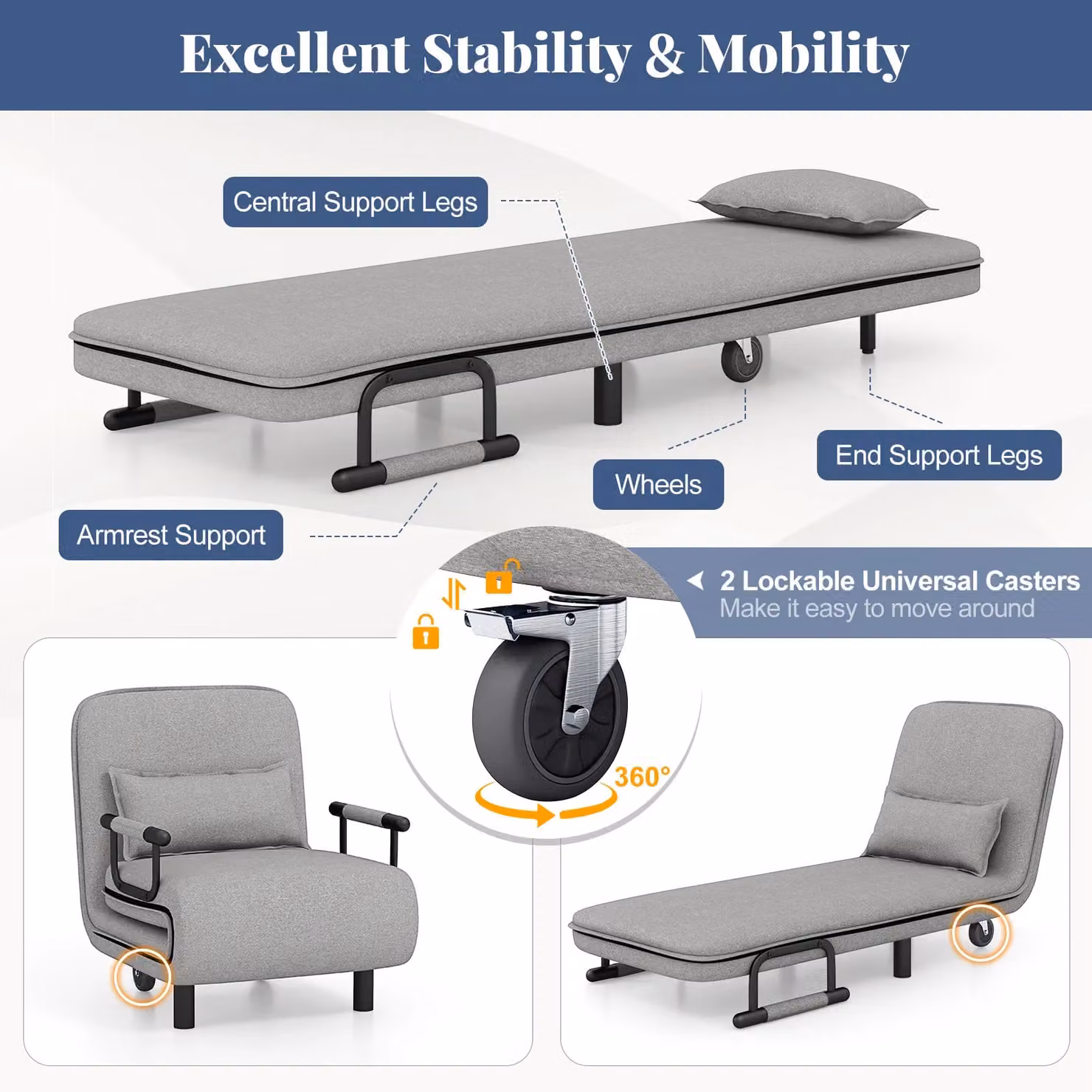 Costway 3-in-1 Convertible Sofa Bed Sleeper Chair with Lumbar Pillow in Grey – 4