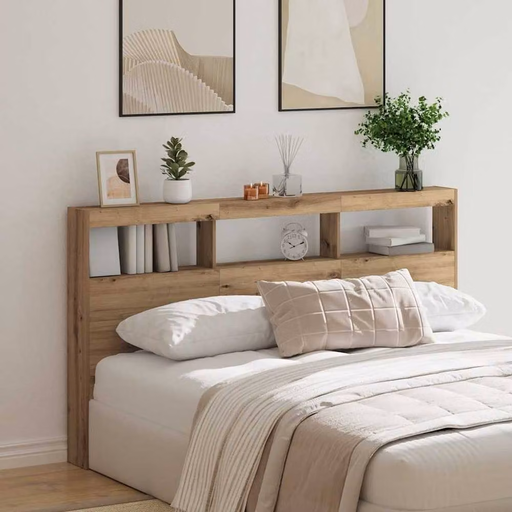 Berkfield Home Artisan Oak Headboard Cabinet with Integrated LED Lighting in Brown, W/D/H: 180 x 17 x 102 cm – 2