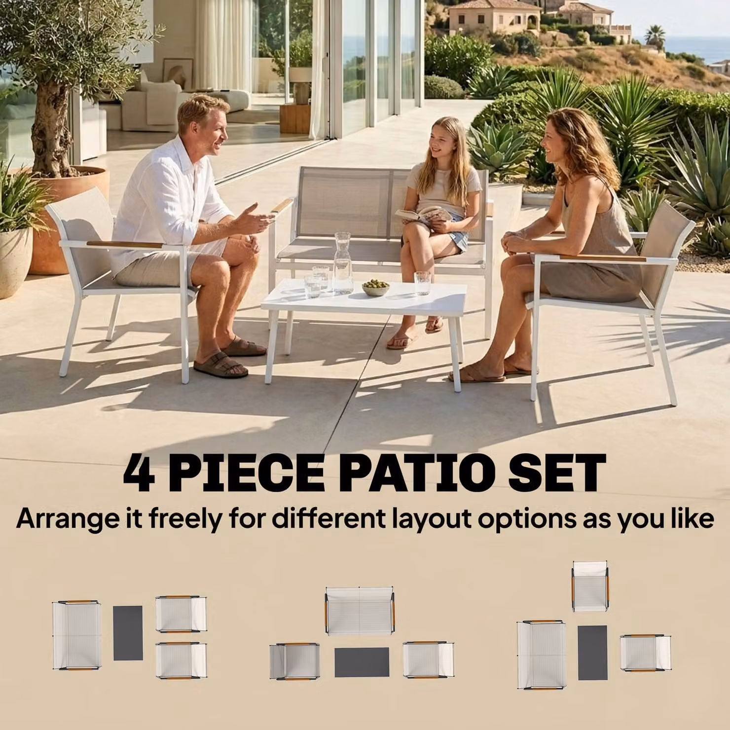 Outsunny 4 Seater Metal Garden Furniture Set with Loveseat, Armchairs and Table in Beige – 3