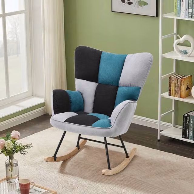Livingandhome Modern Fabric Rocking Armchair with Armrests in Multicolour Green, Grey and Blue