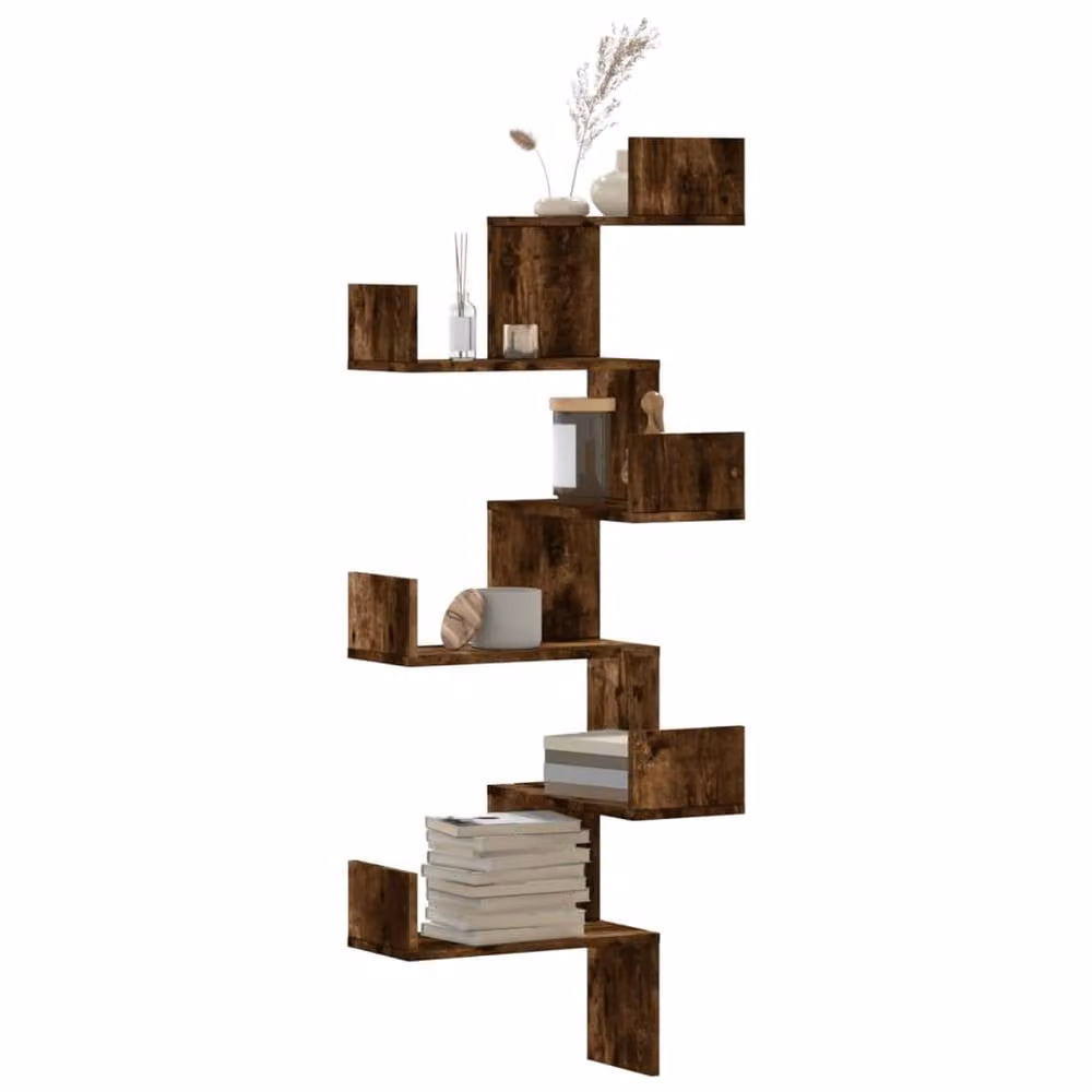 Berkfield Home Wall Mounted Corner Shelf in Smoked Oak Brown, W/D/H: 45 x 45 x 147 cm – 2