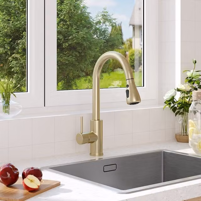 Livingandhome Gold Stainless Steel Single Lever Pull-Out Mixer Kitchen Tap with Spray Function