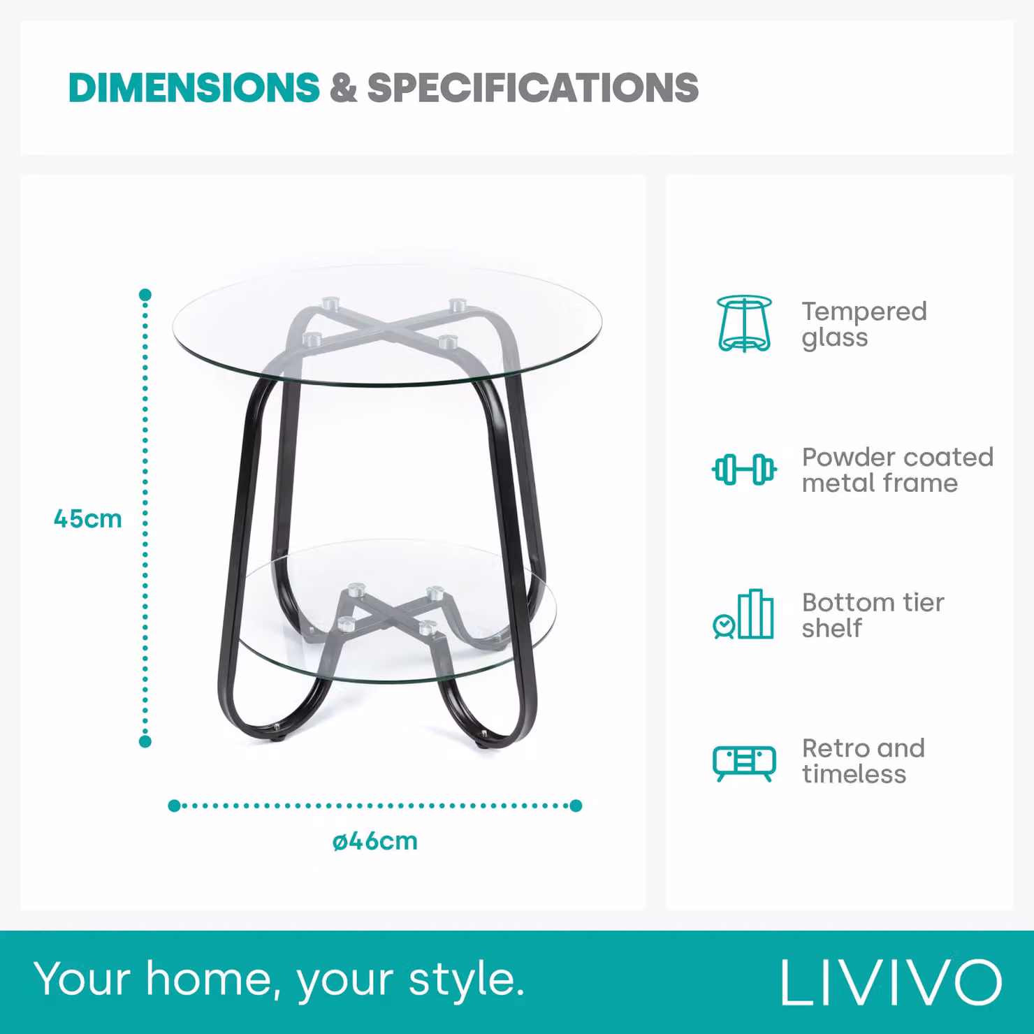 LIVIVO Round 2-Tier Glass Coffee Table with Black Metal Frame and Transparent Glass Top – 4