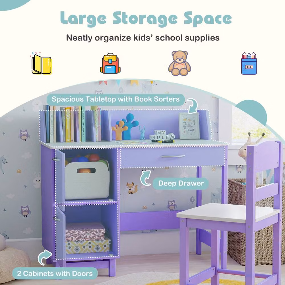 Costway Kids Study Desk and Chair Set, Purple Wooden Activity Table with Wide Rectangular Desktop – 3