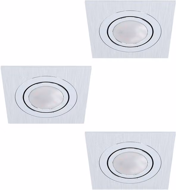 Loops 3 Pack Square Flush Ceiling Downlights in Brushed Silver Aluminium with 3 x 5W GU10 Bulbs Included