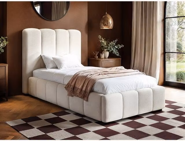 Solace+Co Emilie Ribbed Single Ottoman Bed in Cream Boucle