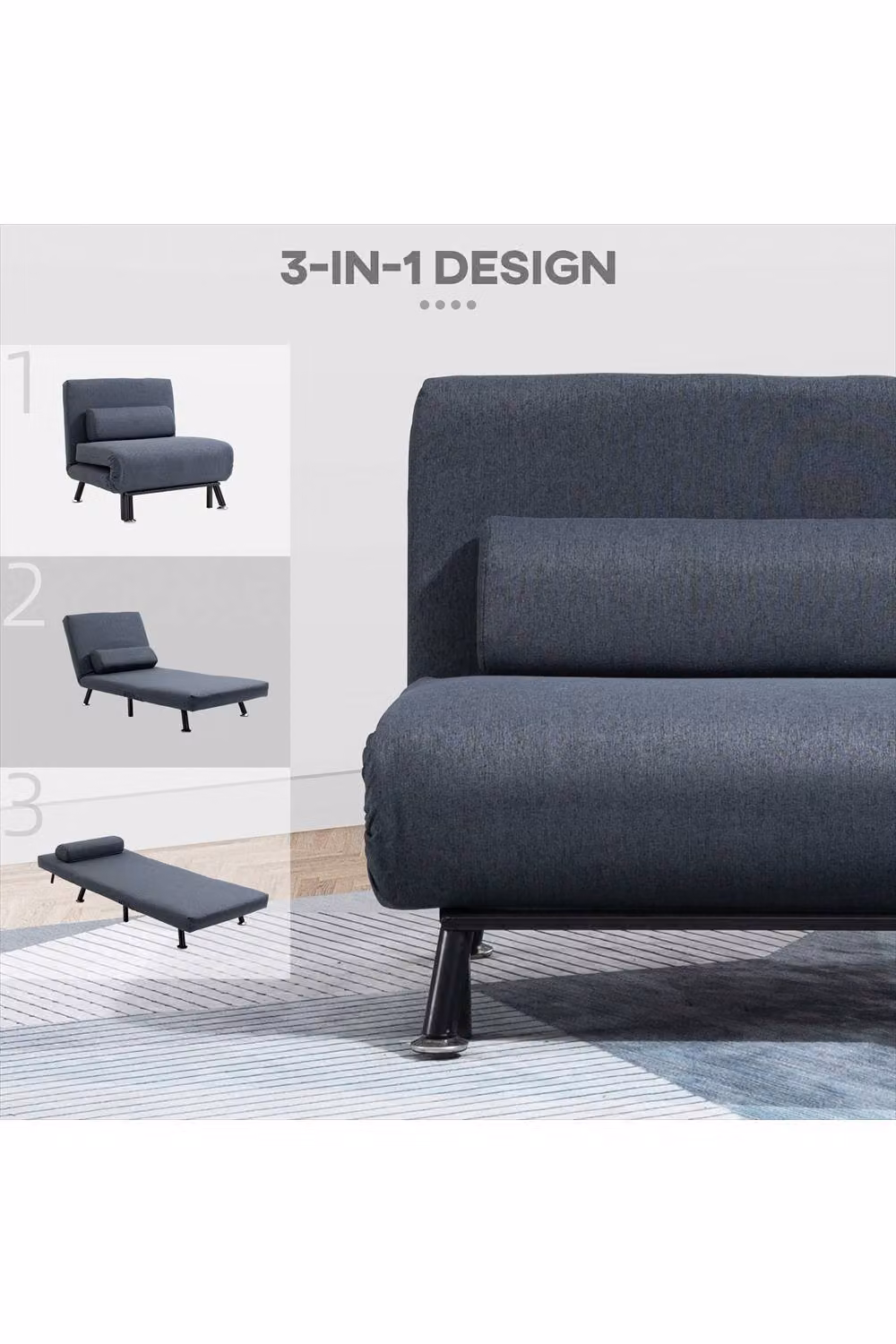 ERGOVEXA 3-in-1 Convertible Single Sofa Chair Bed in Grey Linen Fabric with Metal Frame – 3