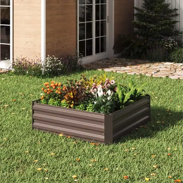 Livingandhome Brown Metal Square Raised Garden Bed for Herbs and Vegetables