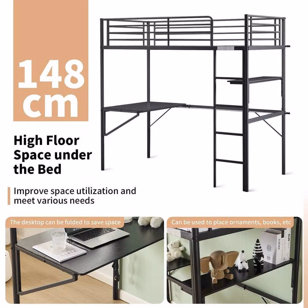 KORVIXA Metal Single Loft Bed Frame in Black with USB Charging Port and Under-Bed Lighting – 3