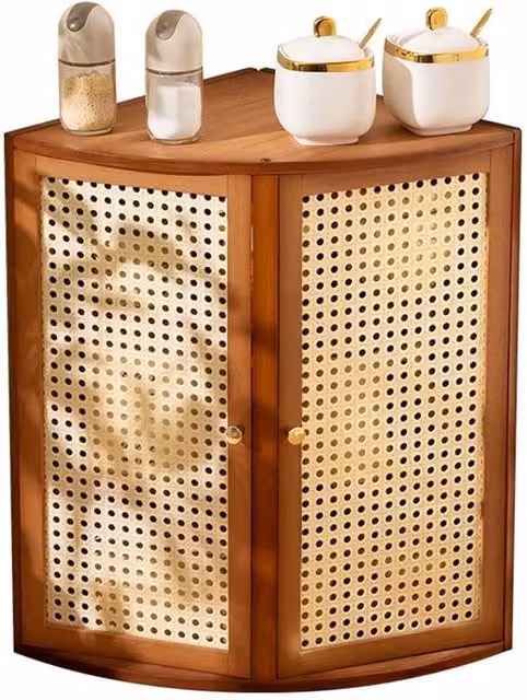 Kelvenix Brown Bamboo Corner Kitchen Cabinet with Plastic Rattan Reticulated Hinged Doors