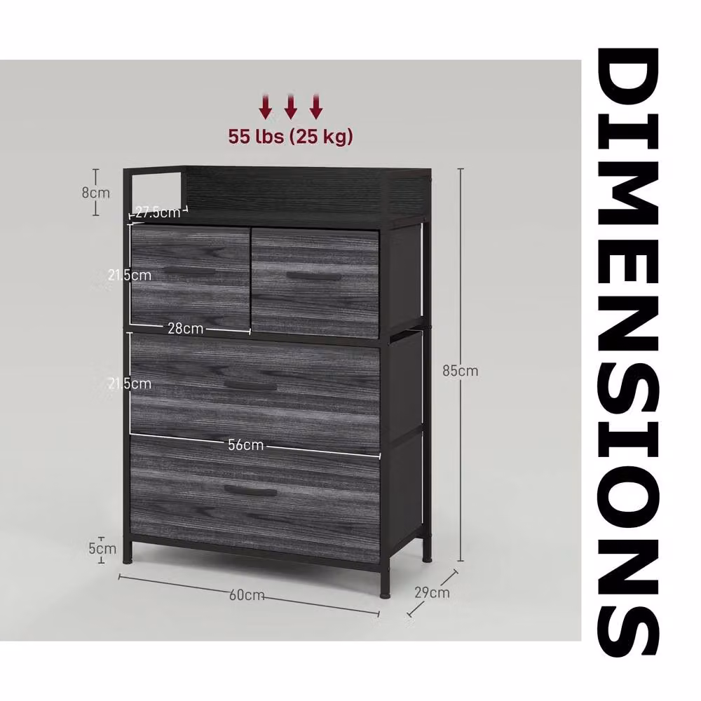 FURNOS Industrial 4 Fabric Drawer Chest Storage Unit with Shelftop, Black, H: 85 cm x W: 60 cm x D: 29 cm – 7
