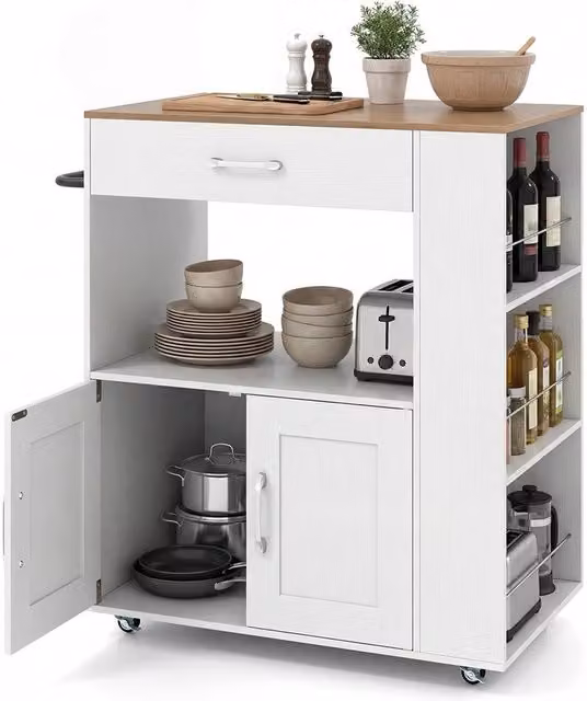 Kelvenix Rolling Kitchen Island with Large Drawer in Matt White