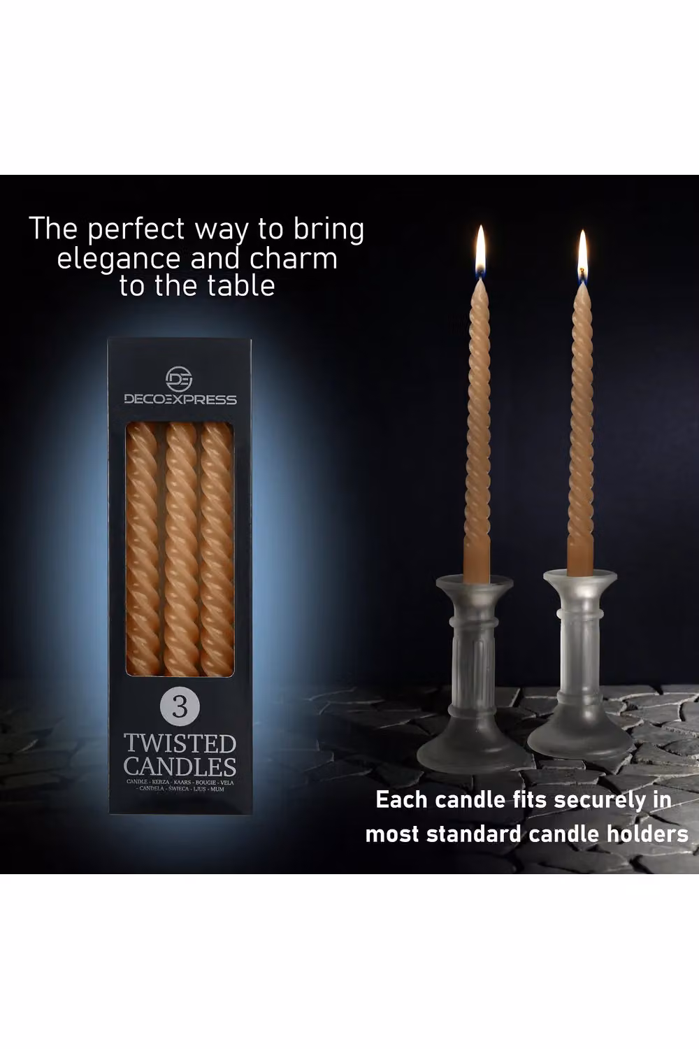 Deco Express Pack of 3 Twisted Non Drip Spiral Dinner Candles in Brown – 3