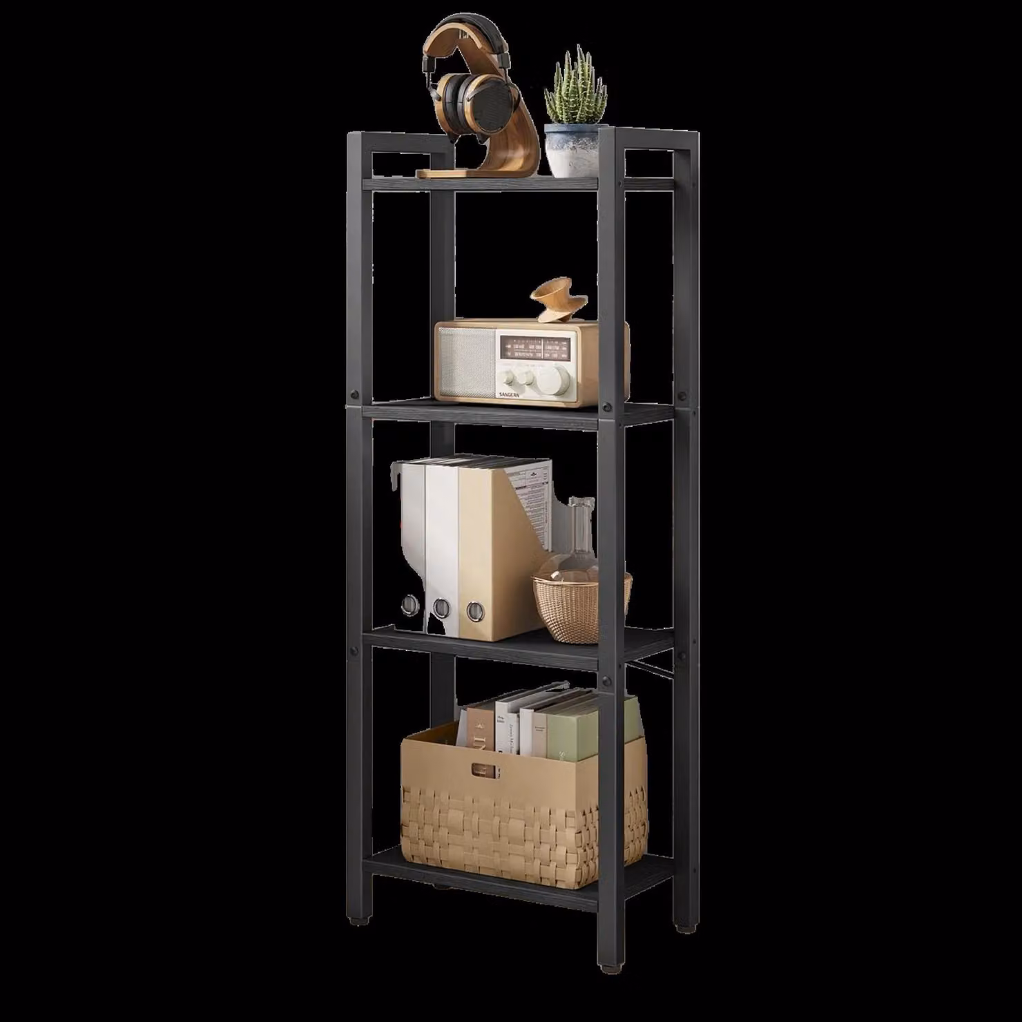 FURNOS 4 Tier Black Matt Metal and Composite Storage Shelf for Living Room, Bedroom or Kitchen, H 107.0 x W 40.0 x D 24.0 cm – 2