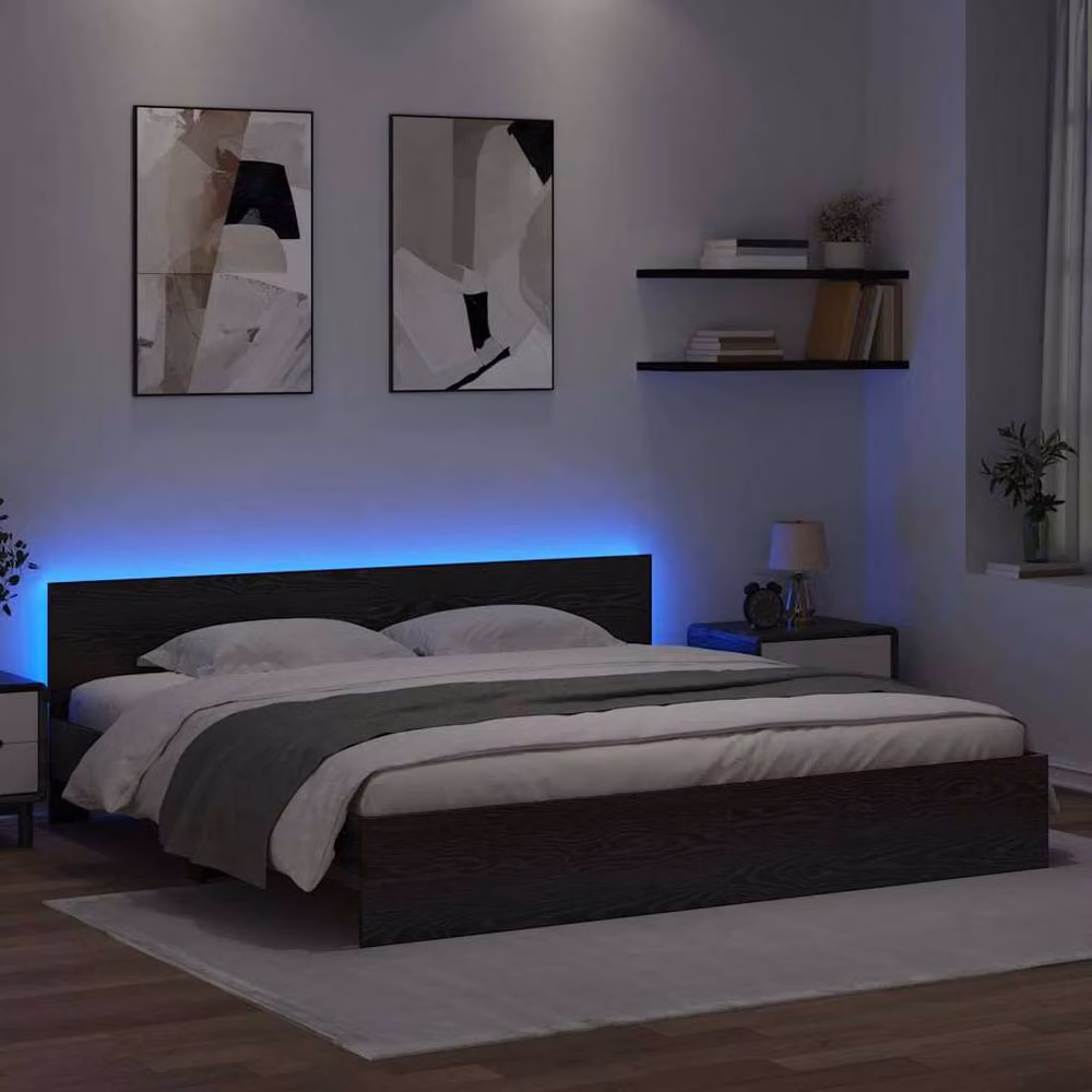 Berkfield Home Modern Bed Frame with Headboard and Under-Bed Lighting in Black Oak, W/D/H: 200 x 200 cm – 4
