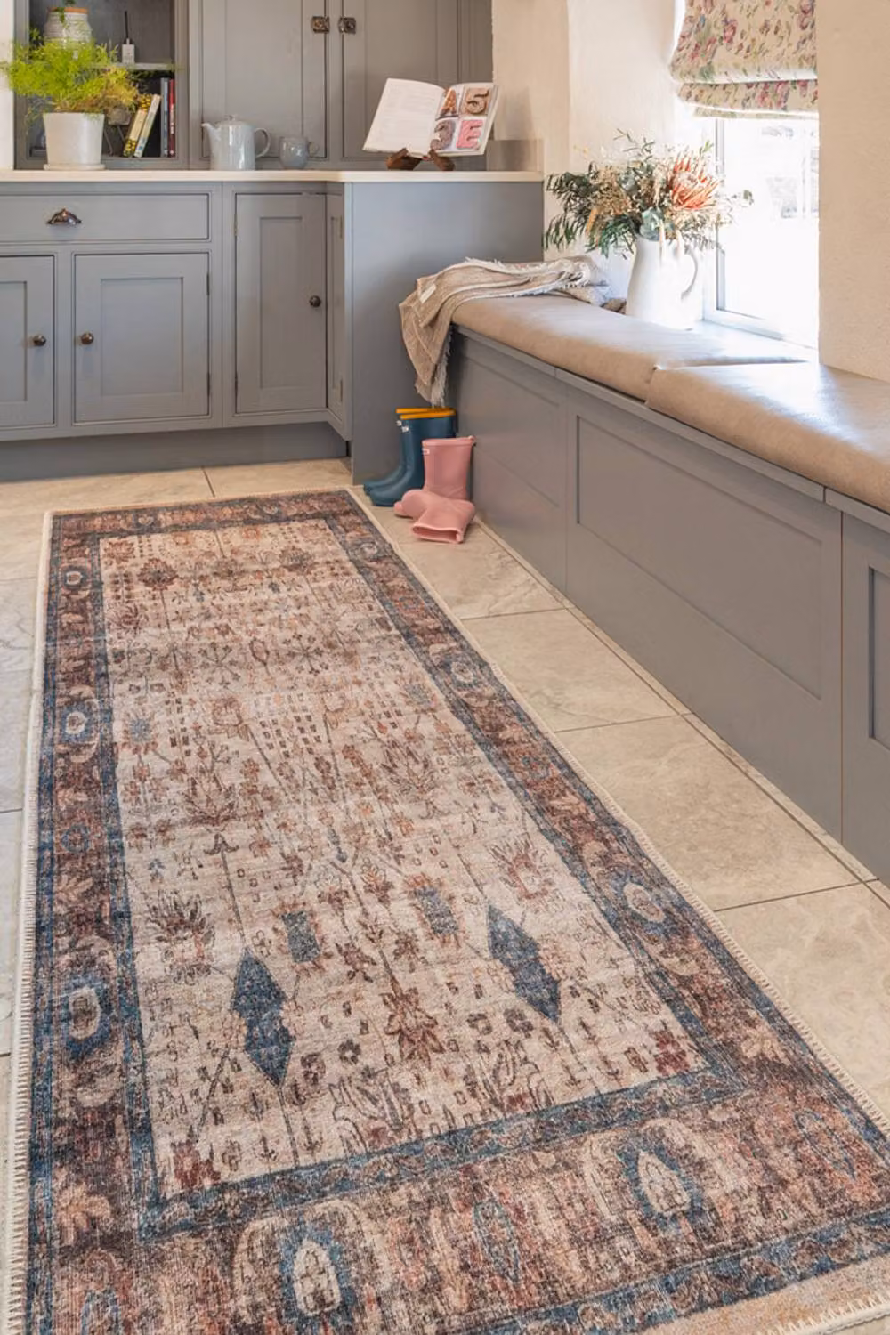 Kukoon Beige Floral Washable Runner Rug, Vintage Non-Slip Hallway Carpet, W: 80 cm, L: 300 cm – 2