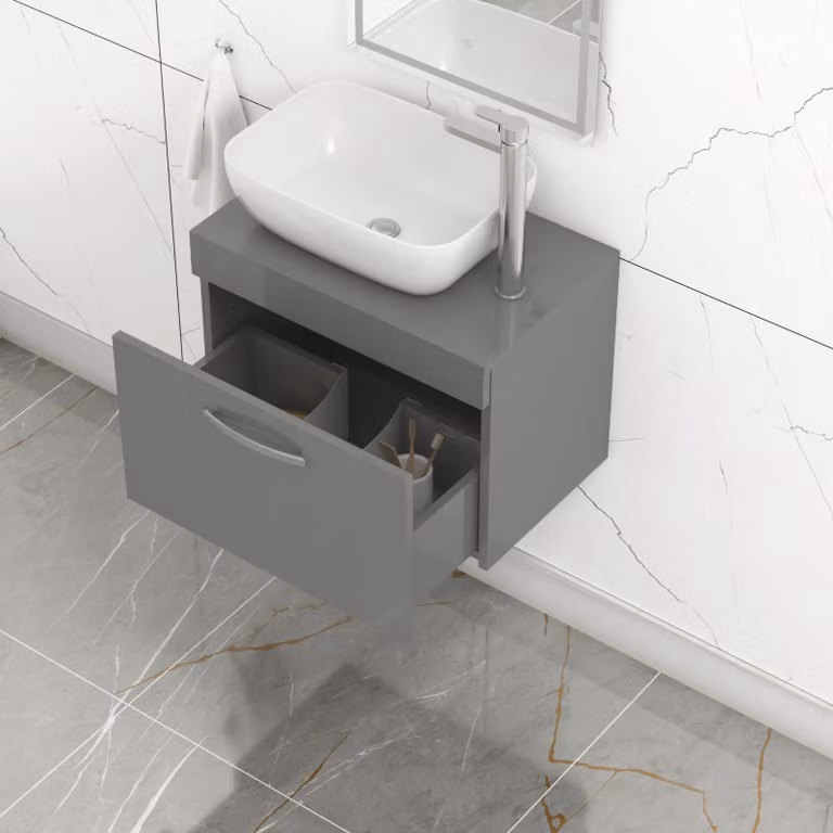 Royal Bathrooms Elva Wall Hung Vanity Unit with 1 Drawer and Countertop Basin in Indigo Grey Gloss