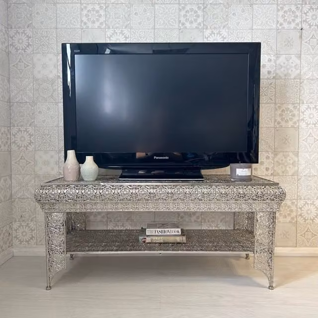 Downton Interiors Agadir Silver Embossed Metal Coffee Table and TV Stand – 1
