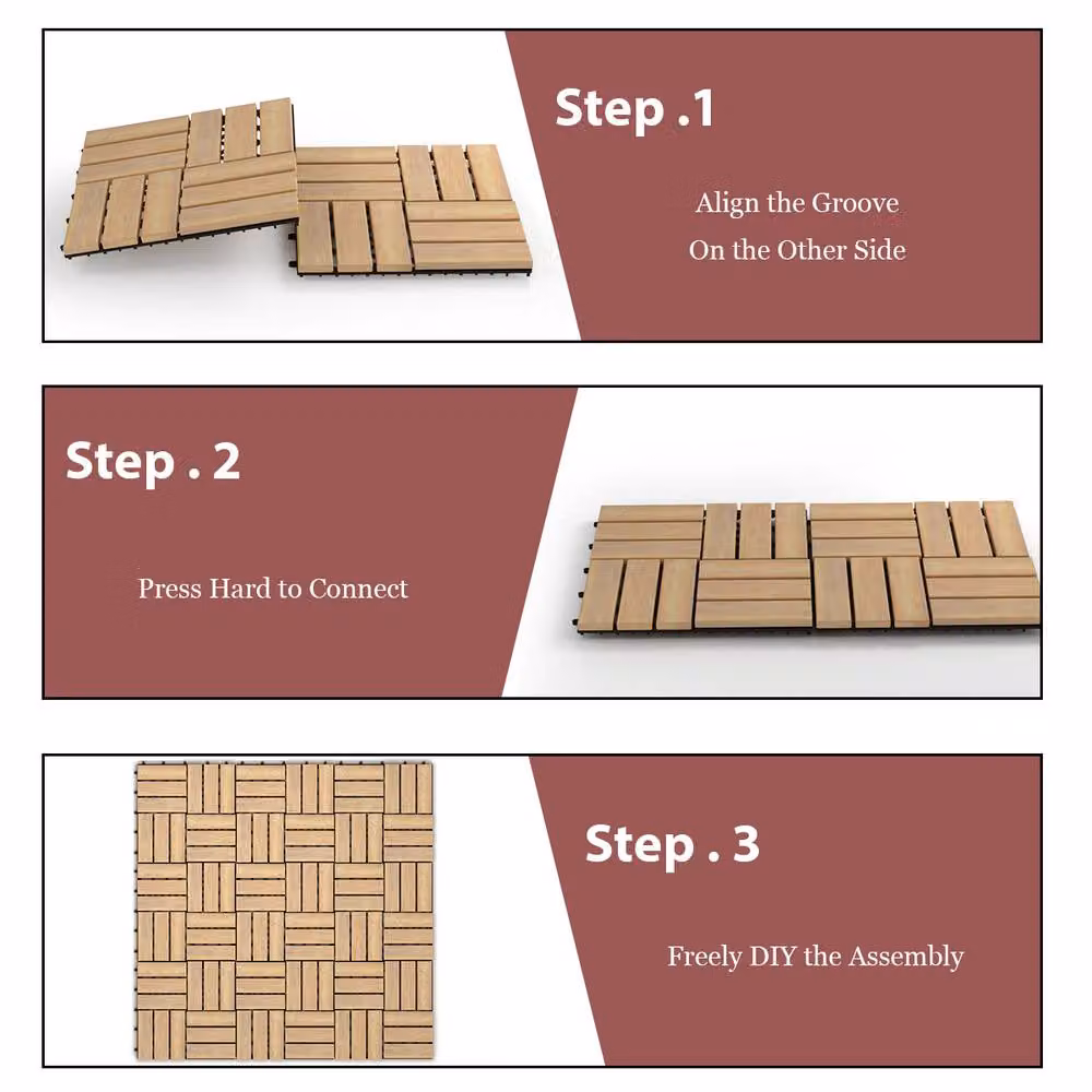 Gymax 10 Pack Interlocking Wooden Floor Deck Tiles in Beige, 30 x 30 cm – 4