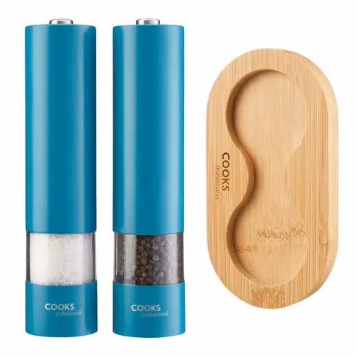 Cooks Professional Electric Salt and Pepper Mill Set with Bamboo Base in Petrol – 2