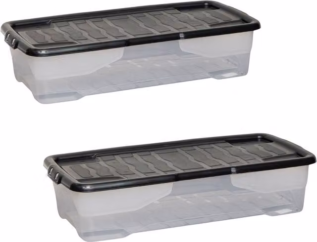 Samuel Alexander 2 Pack of 42L Under Bed Stackable and Nestable Storage Boxes with Black Lid, Transparent and Black – 6