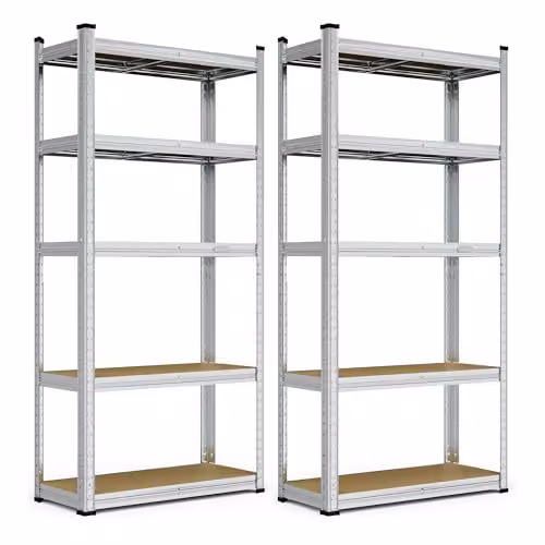 VonHaus Pack of 2 Heavy Duty 5-Tier Garage Shelving Units in Silver with Adjustable MDF Shelves and 175kg Capacity Per Shelf – 1