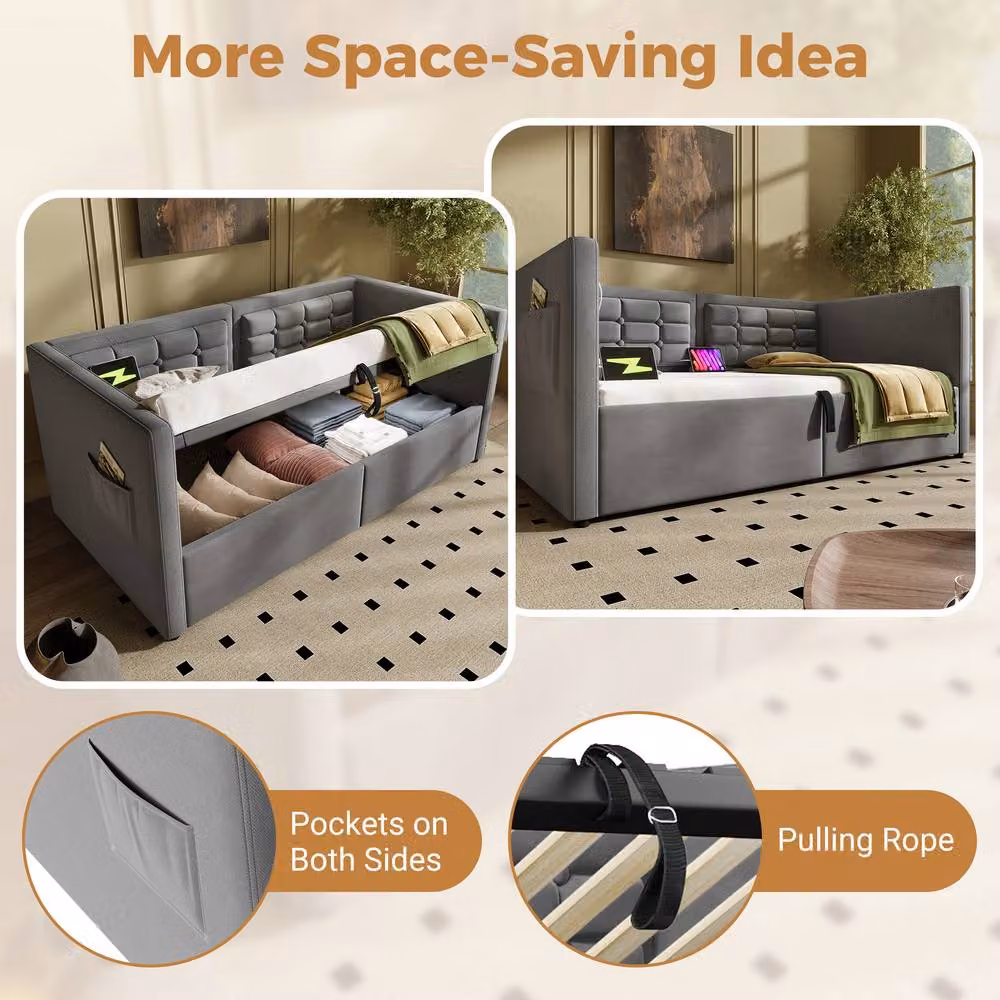 ModernLuxe Grey Velvet Upholstered Single Ottoman Daybed for Children with USB Charging Port and Lift Up Base, W/D/H: 190 x 90 x 75 cm – 4