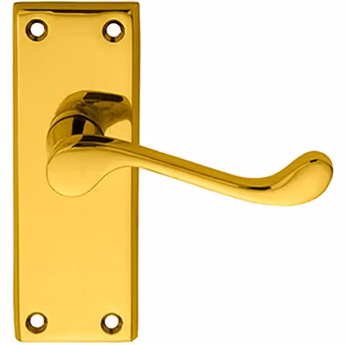 Loops Pair Victorian Scroll Lever on Short Latch Backplate in Polished Brass, W: 11.8 cm, H: 4.3 cm