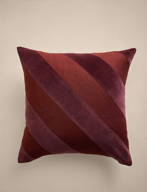 M&S Square Striped Pure Cotton Velvet Cushion in Burgundy