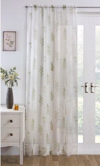 Yorkshire Linen Bracken Leaf Voile Panel in Green and White, Height: 183 cm