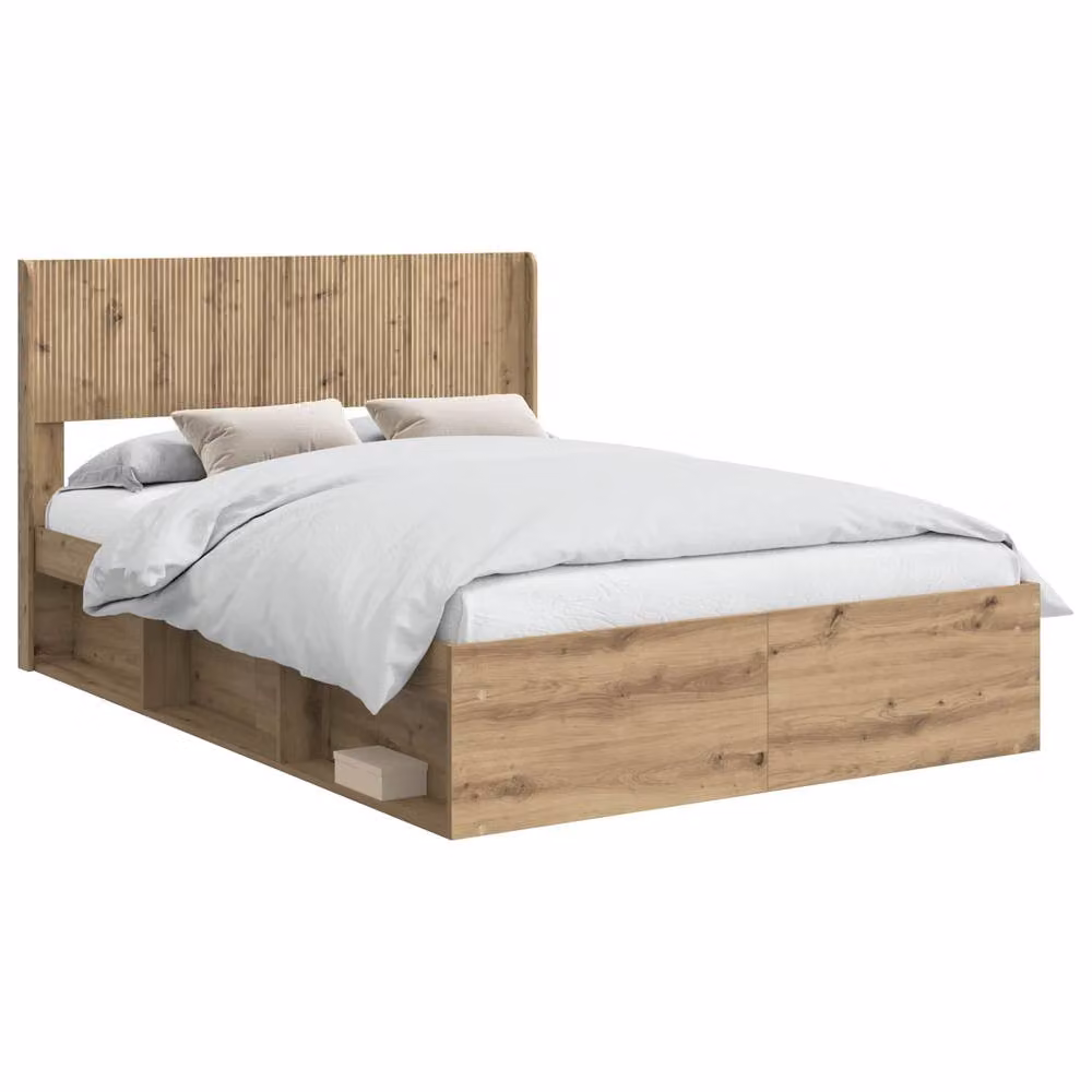 Berkfield Home Artisan Oak Bed Frame with Storage and Headboard in Brown, W/D/H: 140 x 190 cm – 2