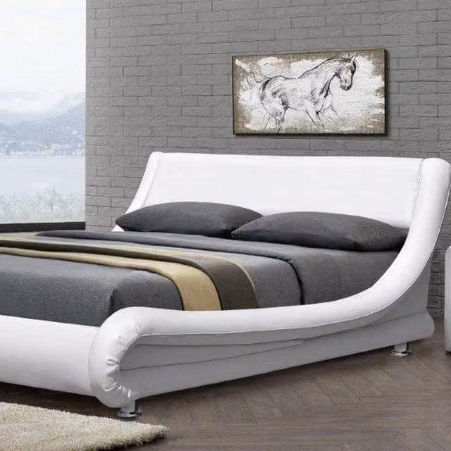Comfy Living Upholstered Faux Leather Bed Frame in White, W: 140 cm, D: 200 cm