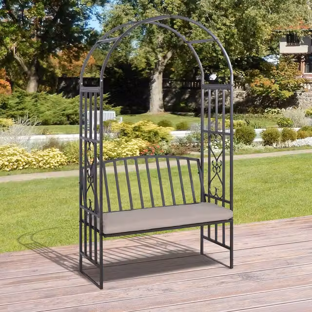 Outsunny Metal Garden Arbor Arch with Padded Bench Seat in Grey and Black