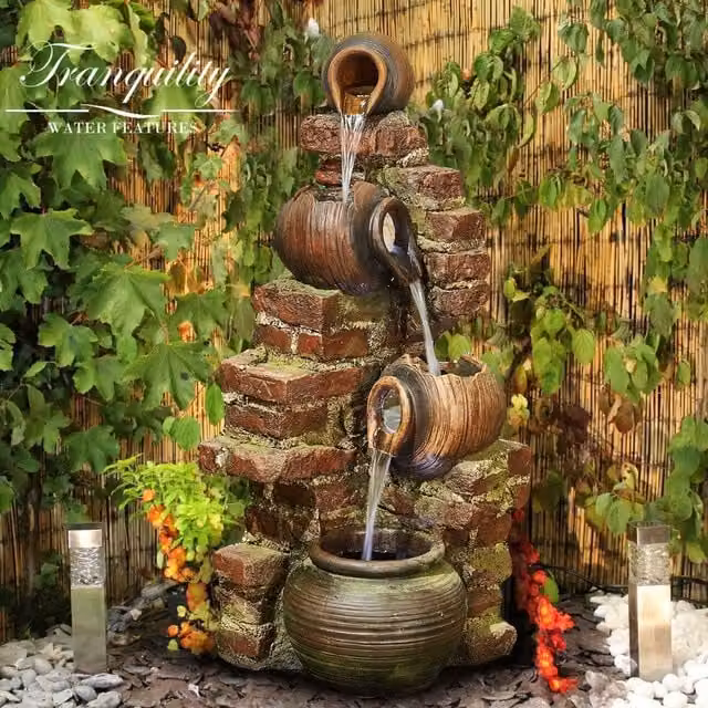 Tranquility Moroccan Ceramic Cascade Water Feature in Grey, Mains Powered, Freestanding