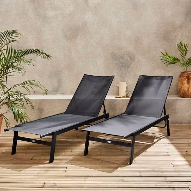 sweeek Set of 2 Multi-position Deckchairs in Black Textilene and Powder Coated Steel