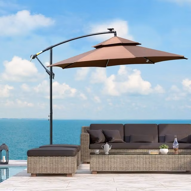 Outsunny 3m Cantilever Banana Parasol with Double Roof and LED, Coffee Brown