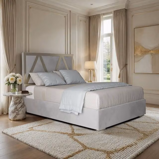 KDMD Exbourne Super King Designer Bed Frame in Grey Velvet with Metal Accents