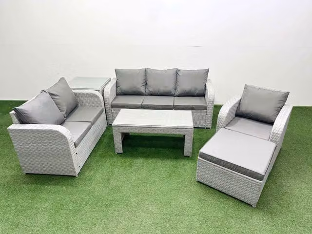 Fimous Patio 7 Seater Grey PE Wicker Rattan Outdoor Furniture Set with Coffee Table, 3 Seater Sofa, Loveseat, Reclining Chairs and Ottoman