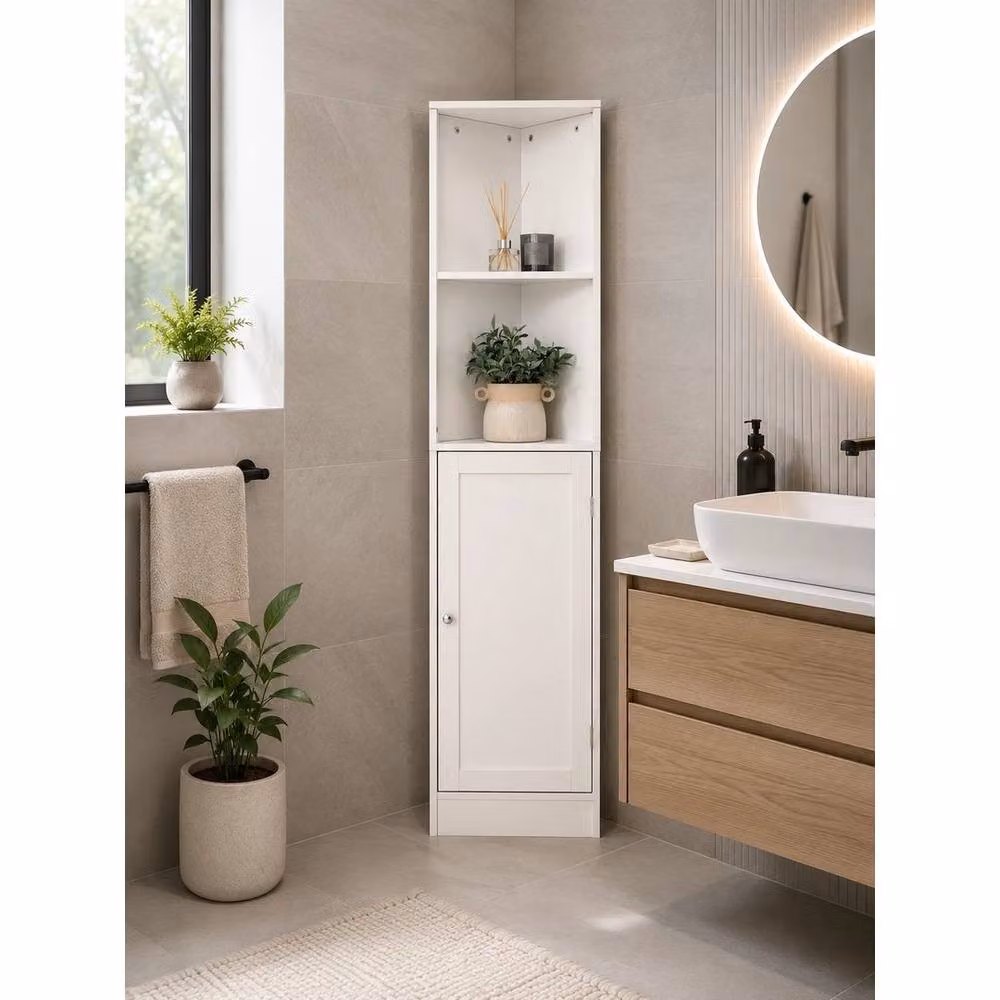 PAWNORA White Corner Bathroom Storage Cabinet with 2 Internal Shelves and Hinged Doors – 2