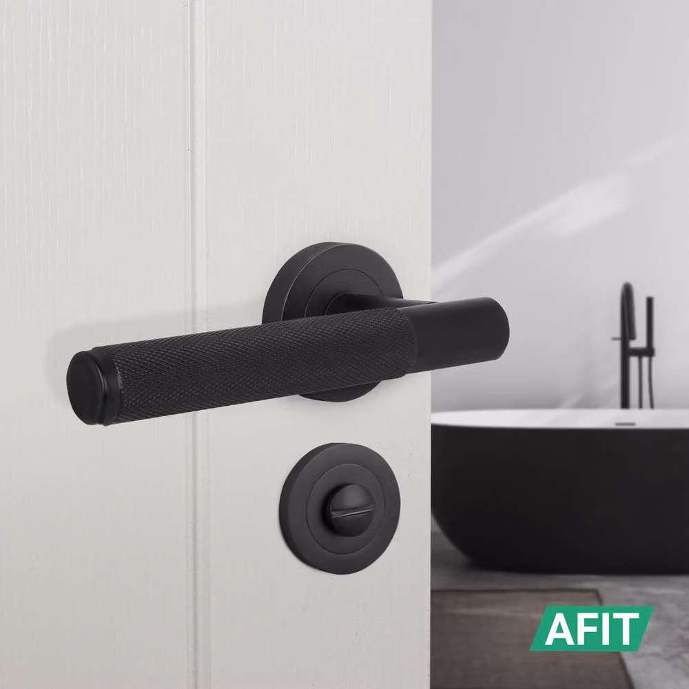 AFIT Matt Black Bathroom Door Handle Rose with WC Lock and Hinges, W/D/H: 15 x 15 x 2 cm – 5