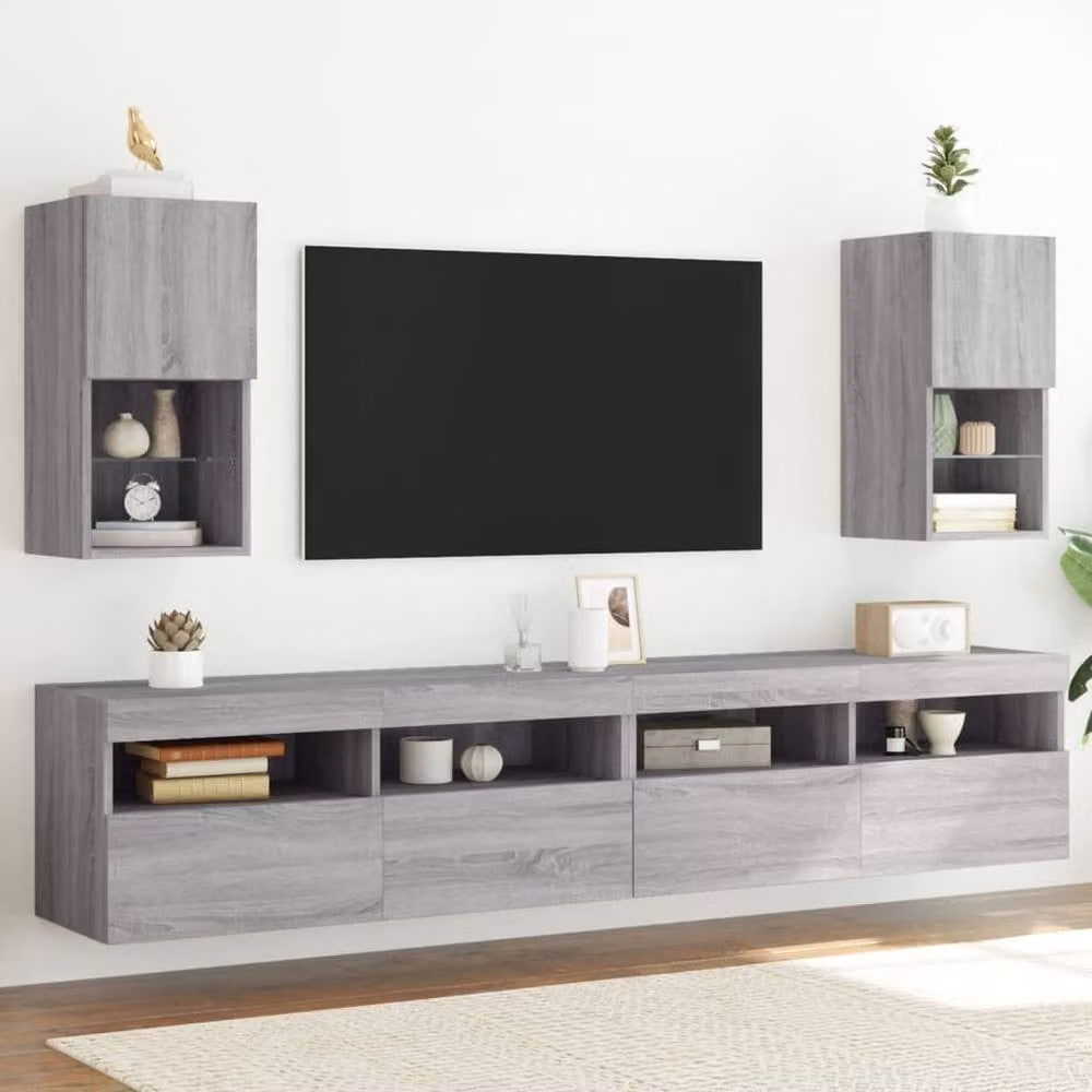 Berkfield Home Set of 2 Modern Grey Sonoma TV Cabinets with Integrated LED Lighting, W/D/H: 60 x 30 x 30 cm – 1