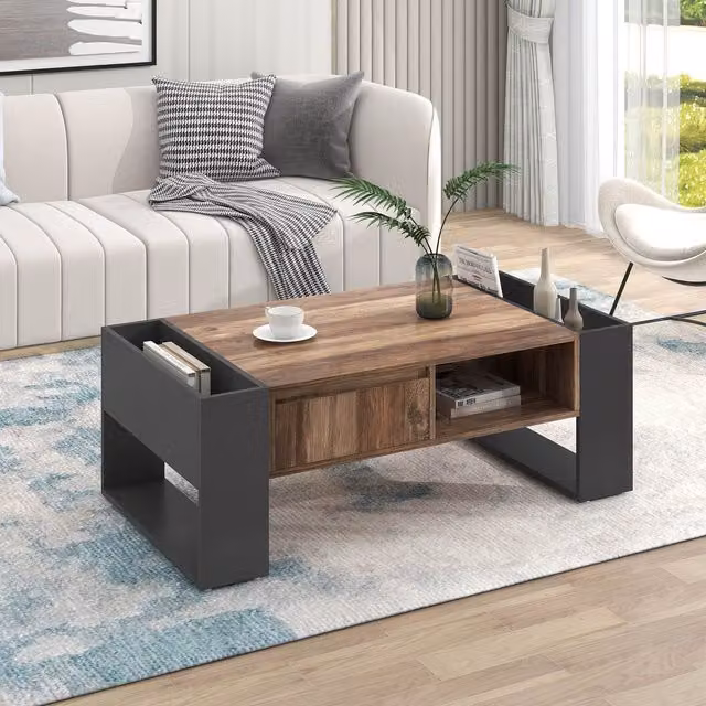 Aosom.UK Industrial Wood Coffee Table with Handleless Drawer and Double-Sided Storage, Black and Grey, W: 106.4 cm, D: 60 cm, H: 40 cm