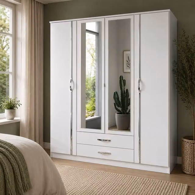 KDMD Duo 4 Door Glossy White Wardrobe with Mirrors and 2 Integrated Drawers – 1
