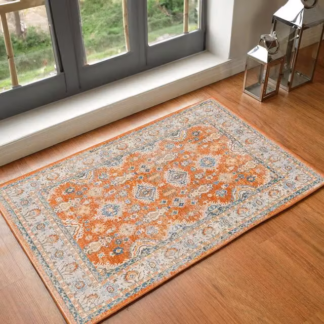 Livabliss Lilian Washable Vintage Boho Living and Dining Rug in Burnt Orange and Blue, W/D/H: 66 x 120 cm – 1