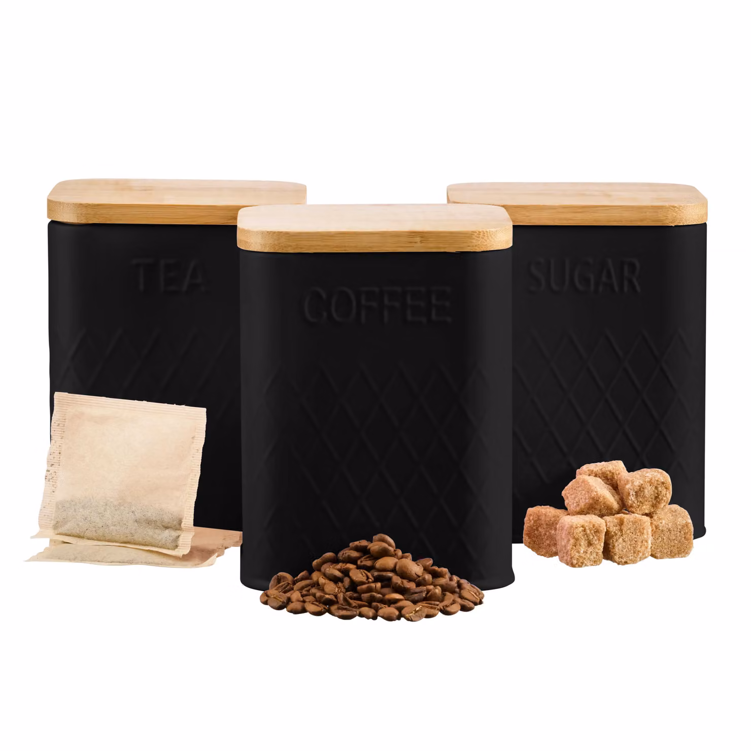 Cooks Professional 3-Piece Black Stainless Steel Tea, Coffee and Sugar Canister Set with Airtight Bamboo Lids and Geometric Pattern – 3