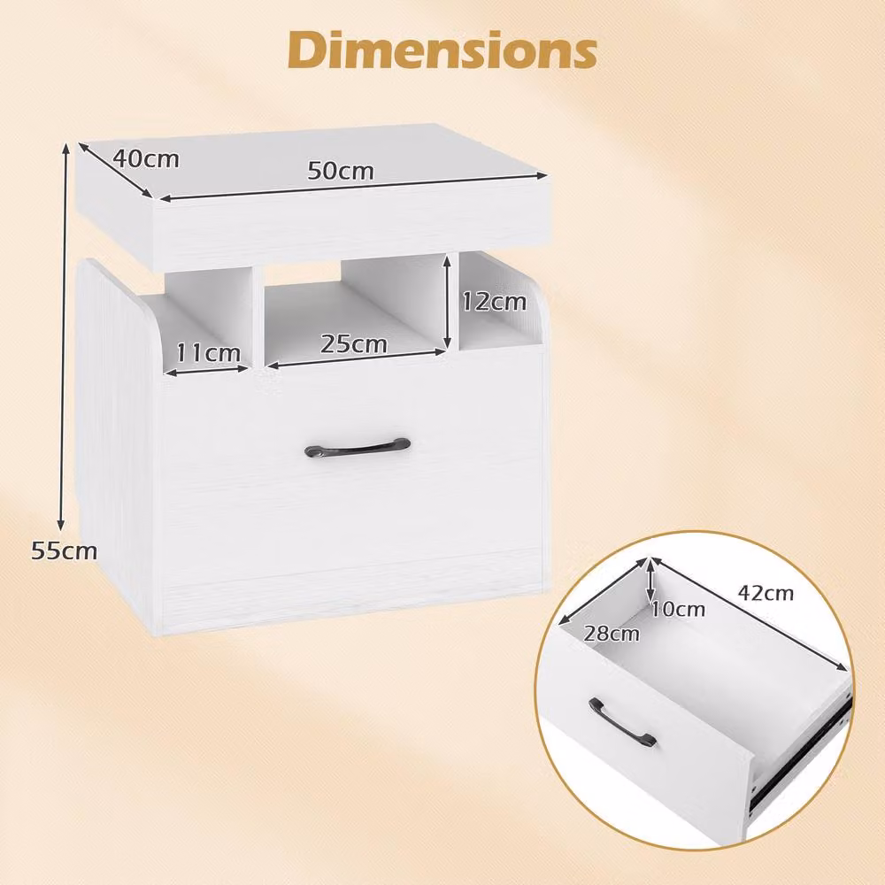 Costway Modern Wooden Nightstand with Drawer and Charging Outlets in White – 2