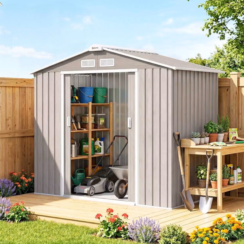 Rolipo Metal Garden Shed with Foundation Kit and Double Doors, Light Brown, W/D/H: 213.38 x 121.92 x 185 cm – 2