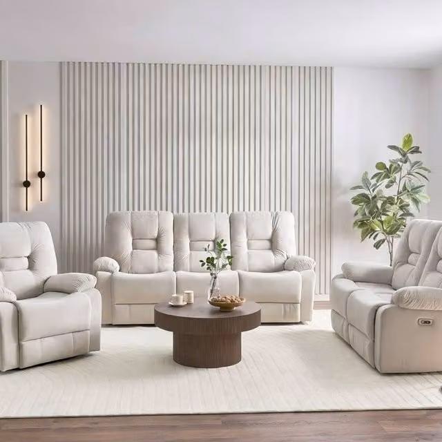 Wyld and Coco Luxor Velvet Electric Recliner Set in Beige, including 3 Seater Sofa, 2 Seater Sofa and Armchair with USB Charging and LED Lighting