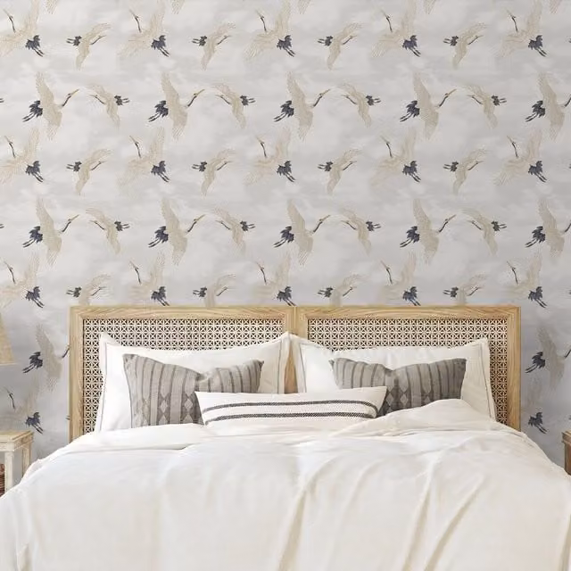 Muriva Oriental Japanese Birds and Cranes Feature Wallpaper in Grey, White, Blue and Silver