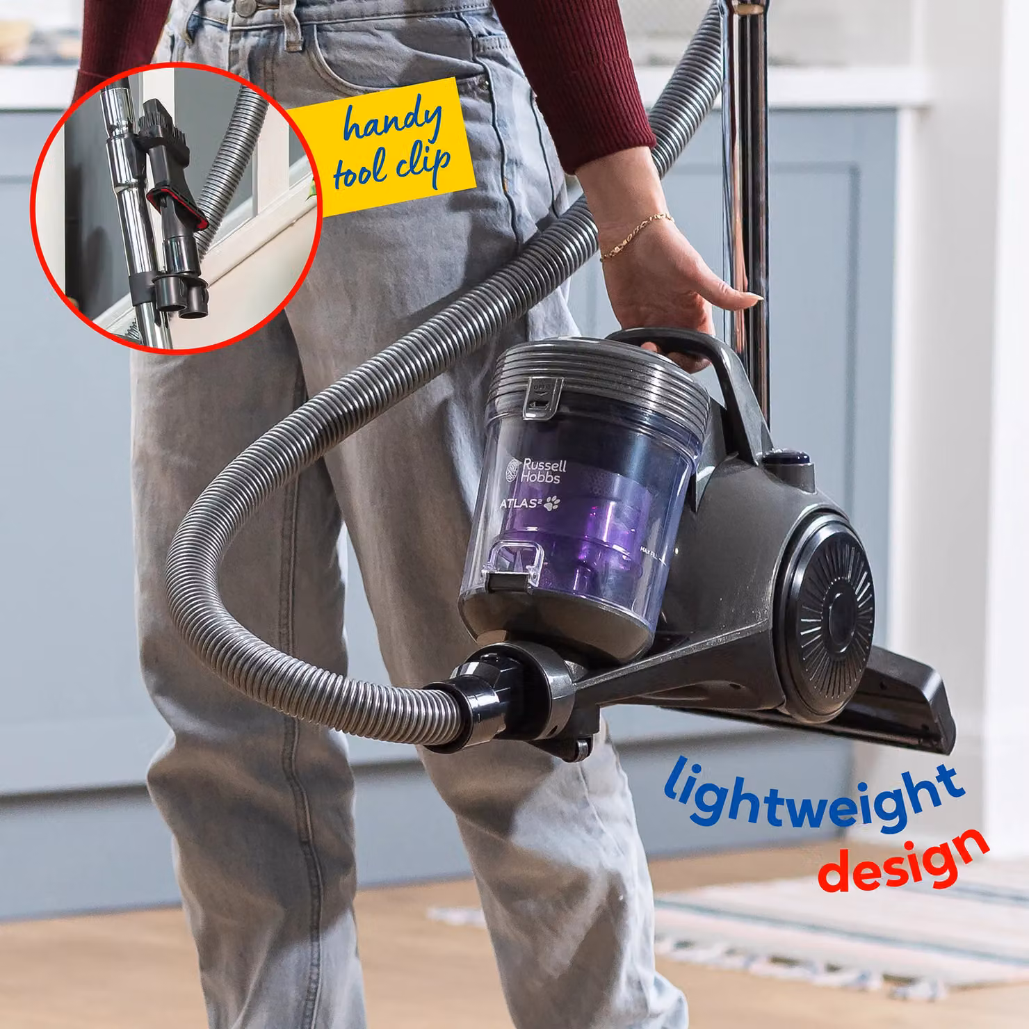 Russell Hobbs Atlas2 Pet Bagless Cylinder Vacuum Cleaner, 700W, 2.5L, Grey and Purple – 6